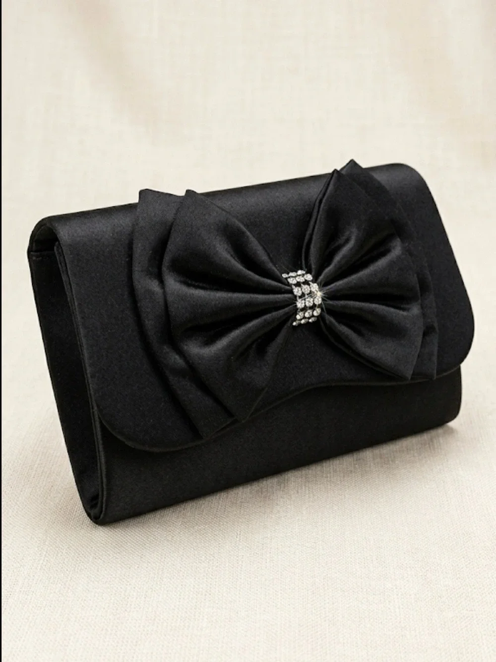 Vintage La Regale Black Satin Convertible Evening Clutch with Rhinestone Bow
